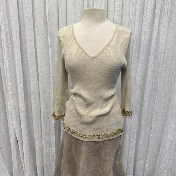Vintage Bohemian Preppy Knit Tan Sequin Trim Top (14) - Picture 1 of 8